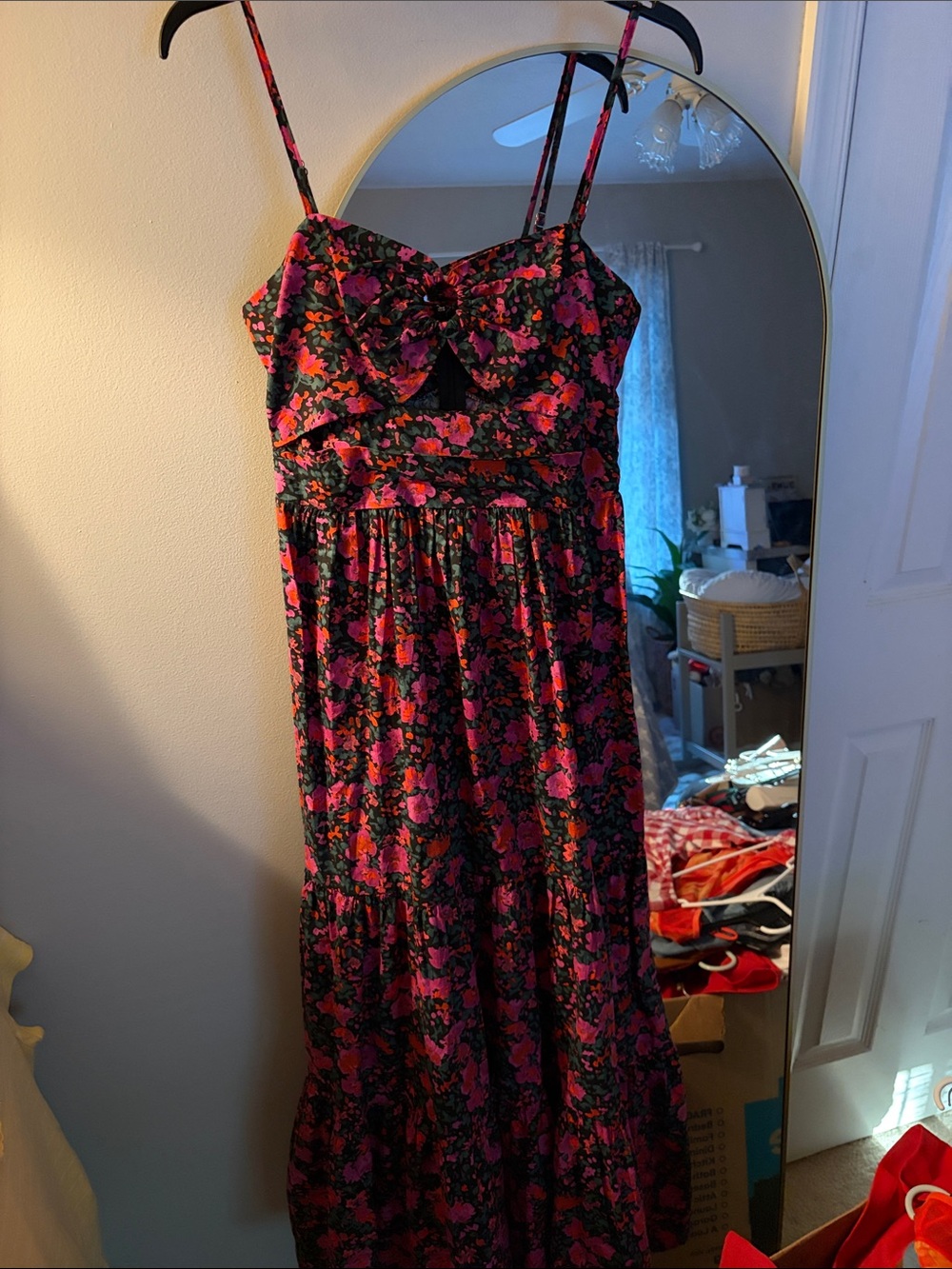 Vestique Black Floral Maxi Dress with Pink & Red Accents